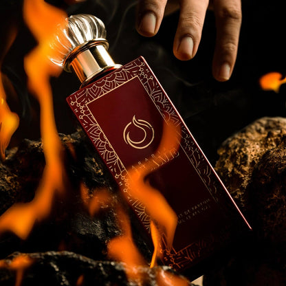 Arabian Flame Perfume, Bold Red Design and Fiery Backdrop, 100ml Extrait de Parfum